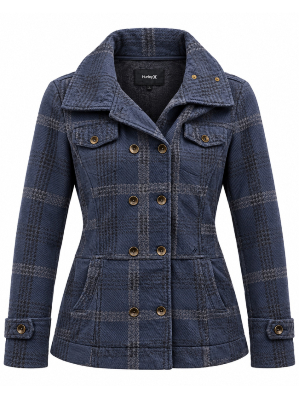 Women's Hurley Plaid Pea Coat Jacket Blue Grey Size L
407